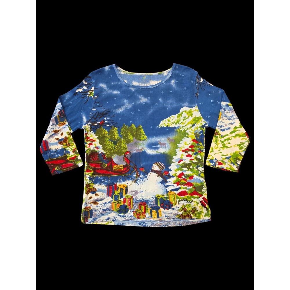 Jane Ashley Women's XL 3/4 Sleeve Christmas Top Snowman Sleigh Beaded Holiday